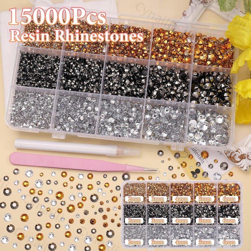 Cynailli 15000 Pcs Resin Rhinestones for Crafts, Black Silver Gold Flatback Resin Rhinestones for Bedazzling Gems 2/3/4/5/6mm Flatback Gems Jewels for DIY Mugs Tumblers Bottles Clothing Shoes Nail Art - Image 3
